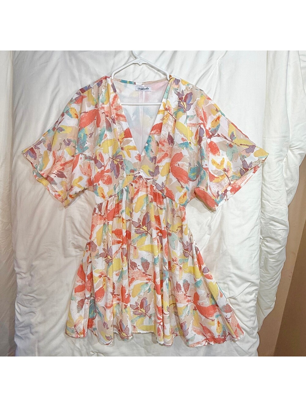 Magnolia Boutique Watercolor Floral Kimono Sleeve Mini Dress V-Neck Flowy